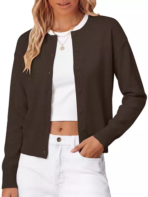 Women's Cropped Cardigan Sweater 2026 Wool Blend Lightweight Knit Brown